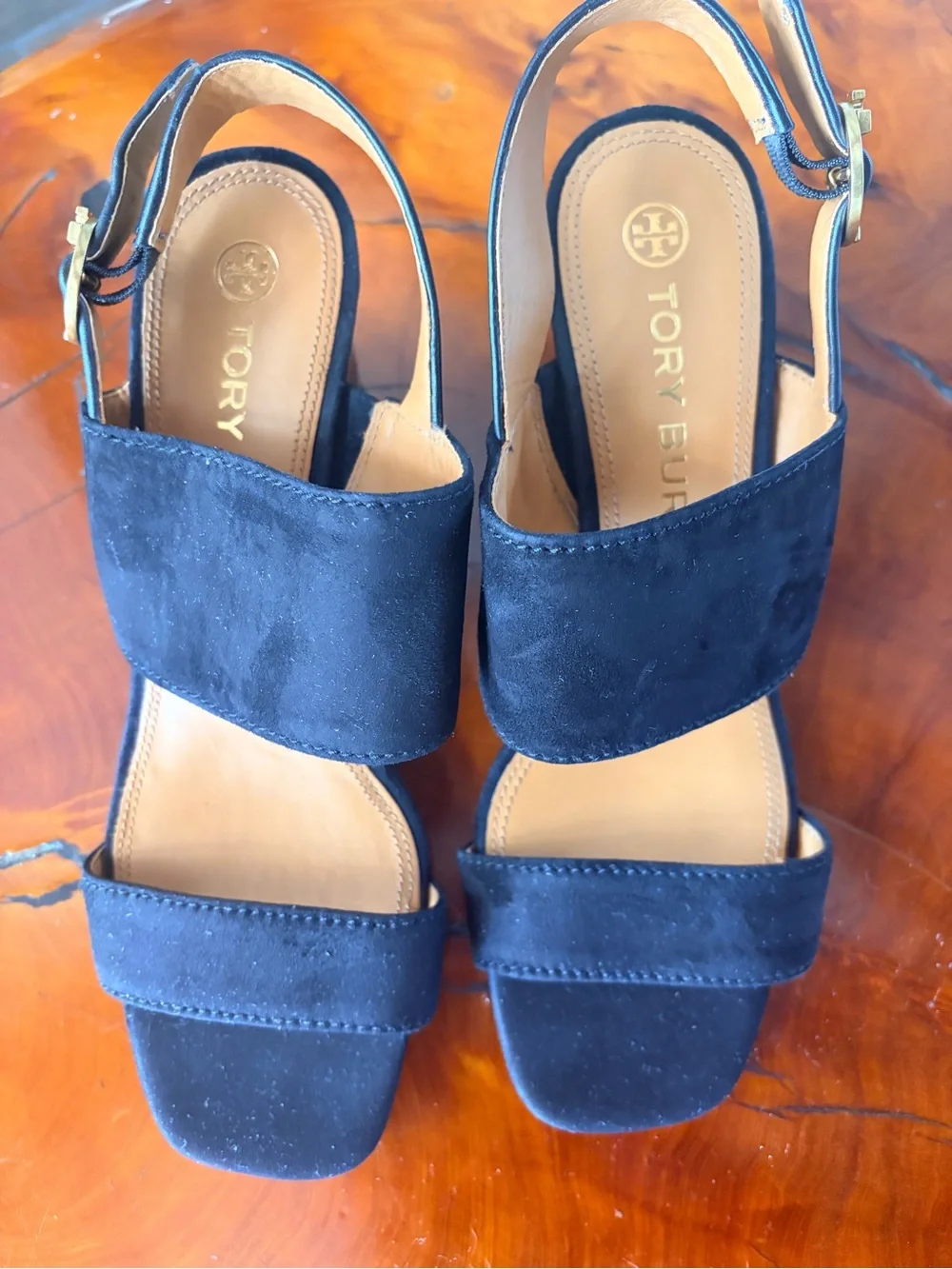 Tory Burch Black Suede Block Heel Slingback Sandals